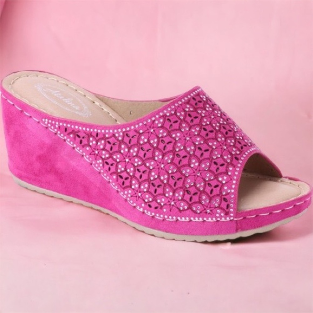 Italina Bright Fuchsia BarbieCore Slide In Wedge Heeled Comfort Mule - Picture 2 of 7